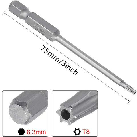 Solid T8 Torx Security Bits With One Quarter Inch Hex Shank Three Inch Long Magnetic Driver Set Featuring S2 Steel Tamper Proof Star Screwdriver Bits to handle tough jobs, showing 3-inch bit with T8 star end.