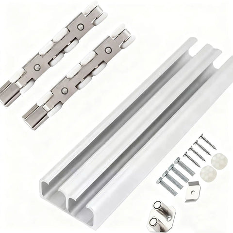 Heavy Duty Double Bypass Sliding Barn Door Hardware Kit With Two Foot Aluminum Rail Dual Track System includes stainless steel rollers.