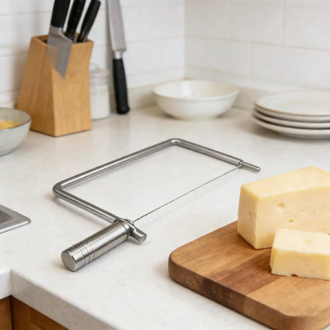 Rock Solid Stainless Steel Cheese Slicer Accessories For Hard Cheddar And Butter No Sweat Wire Cutter on wooden board.