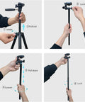 Steps showing setup of 71 Inch Aluminum Camera Tripod Stand With Wireless Remote And Phone Holder, locking mechanism display.