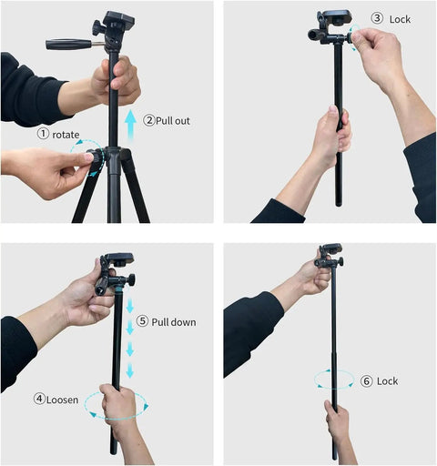 Steps showing setup of 71 Inch Aluminum Camera Tripod Stand With Wireless Remote And Phone Holder, locking mechanism display.