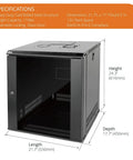 12U Wall Mount Server Cabinet With Lockable Glass Door And Side Panels Space-Saving, shown with specifications and measurements