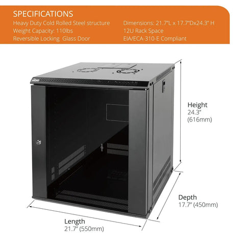 12U Wall Mount Server Cabinet With Lockable Glass Door And Side Panels Space-Saving, shown with specifications and measurements