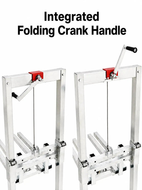 Heavy Duty Portable Manual Lift Stack With Folding Winch Crank Handle Material Handler showing integrated crank handle detail.