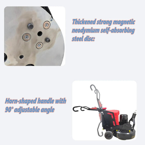 Close-up of Workhorse 12 Head Concrete Floor Polishing Grinder disc and side view showing horn-shaped handle.