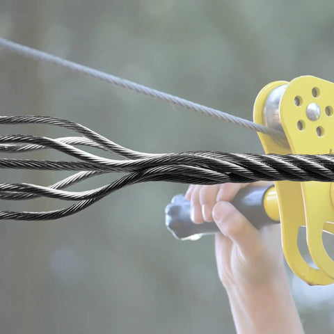 Heavy Duty Zipline Cable Three Eighths Inch Stainless Steel Wire Rope For Backyard Zipline Hoist Lifts Pulley Wheels Boat Lifts And Gear 12000 Lbs Breaking Strength One Meter Three Point Three Feet in use with yellow pulley system