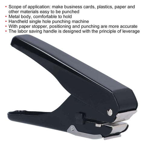 Handheld Single Hole Punch for up to 10 sheets, heavy duty metal punching tool with paper stopper, ideal for biz cards, plastics and paper