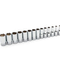 Fourteen Piece Three Eighths Inch Drive Six Point Mid Length Metric Socket Set For Easy Access And Reduced Rounding Surface