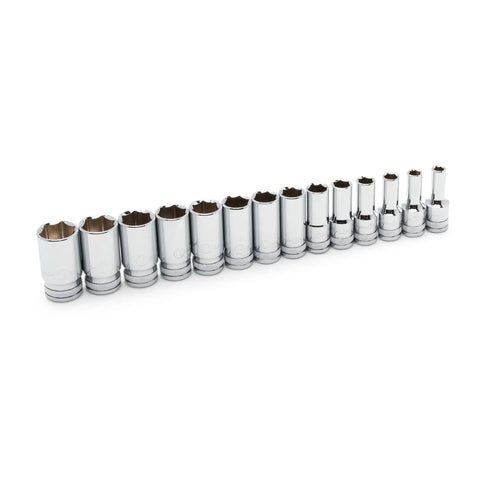 Fourteen Piece Three Eighths Inch Drive Six Point Mid Length Metric Socket Set For Easy Access And Reduced Rounding Surface