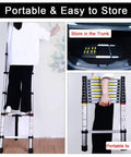 Collapsible Telescoping Ladder 9.5 Ft Reach, Aluminum Folding Extension Ladder, shown in use and compact storage in trunk.