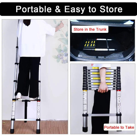 Collapsible Telescoping Ladder 9.5 Ft Reach, Aluminum Folding Extension Ladder, shown in use and compact storage in trunk.