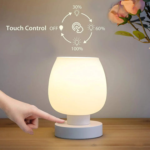 Compact Bedside Lamp With 3 Way Dimmable Touch Control, 600 Lumens Opal Glass Shade on wooden table with hand touching base