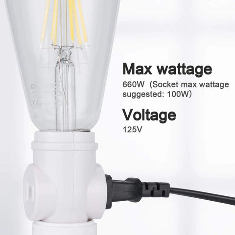 Close-up of UL Listed E26 To Two Prong Polarized Outlet Splitter And Bulb Socket Adapter showing voltage and wattage details.