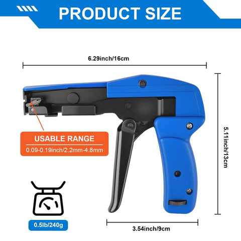 Heavy Duty Die Cast Steel Cable Tie Gun With Flush Cut Fastening Tool Ergonomic One Hand Use Adjustable Tension Settings 1 2 3 6.29 Inch Length For Nylon Cable Ties showing size and specifications