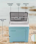 Massive 30L Electric Travel Cooler For Cars And Rvs 12V DC Portable Refrigerator with collapsible handle and rubber grip.