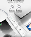 10 Ft Power Strip Surge Protector With Five Outlets And Three USB Ports, flat plug next to laptop and tablet, 14 AWG braided cable.