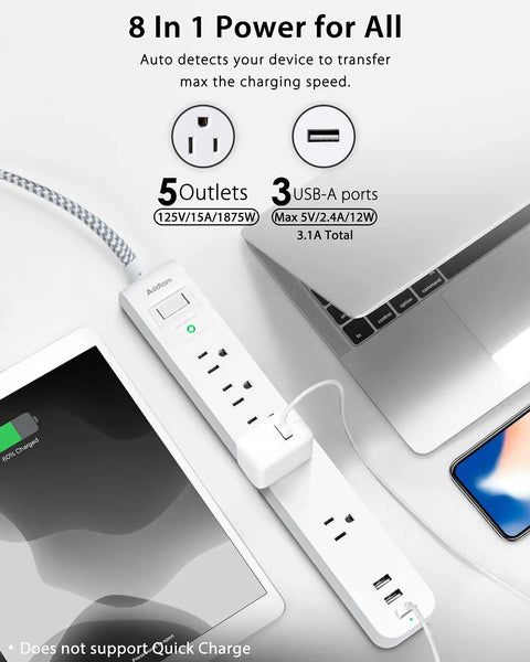 10 Ft Power Strip Surge Protector With Five Outlets And Three USB Ports, flat plug next to laptop and tablet, 14 AWG braided cable.