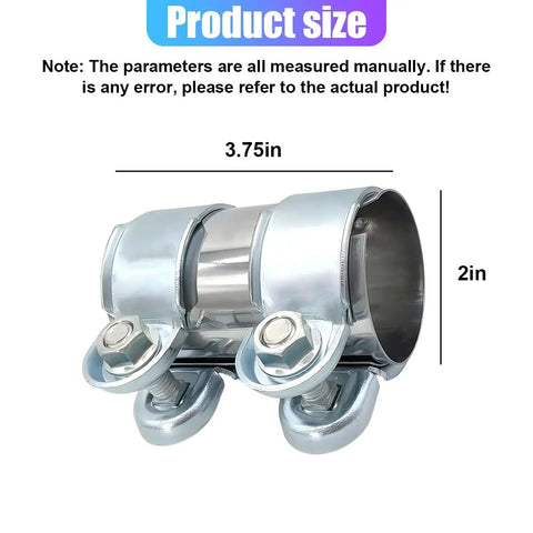 2 Inch Exhaust Clamp Kit Stainless Steel Muffler Clamp Universal Butt Joint Band shown with dimensions 3.75 x 2 inches
