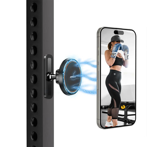 Gym Ready Magnetic Phone Holder With Alloy Base And Ball Joint Attaches To Metal Surfaces Dual Magnetic Mount For MagSafe iPhone 12 13 14 15 16 17 And Android With Metal Ring Secure Grip attached to gym equipment with phone