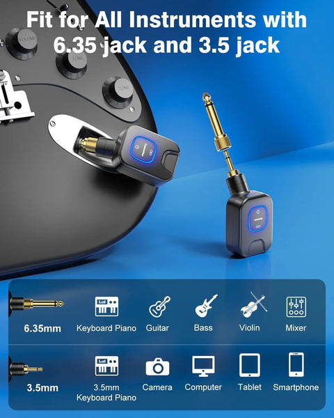 5.8GHz Wireless Guitar System With Charging Box, 6 Channels, 30 Hour Battery Life, Transmitter and receiver on guitar