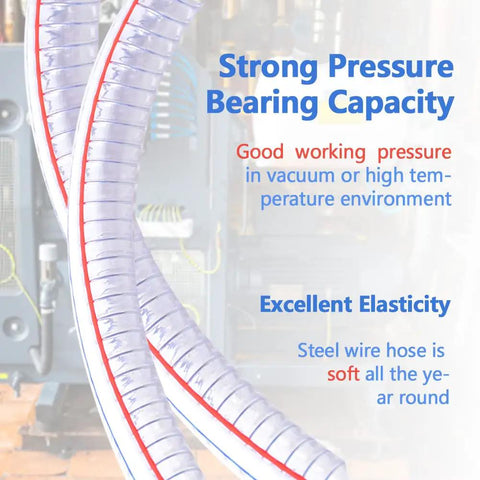 Beefy Ten Foot Steel Wire Reinforced PVC Vacuum Hose With One And Quarter Inch Inner Diameter And One And Half Inch Outer Diameter highlights strong pressure capacity.