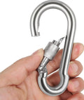 Hand holding Beefy Locking Carabiner Clips 2.36 Inch Heavy Duty Stainless Steel with thumb screw spring hook, open position