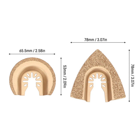 Six Piece Oscillating Saw Blade Set With Carbide Grit For Grout Removal And Tile Cutting, two blade sizes shown with measurements.