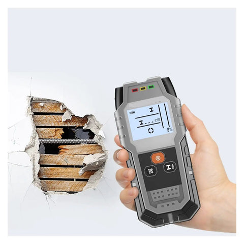 Game Changer Wall Scanner And Upgraded Stud Finder With Integrated Rebar Locator Plus Metal Wire Detector held near a wall.