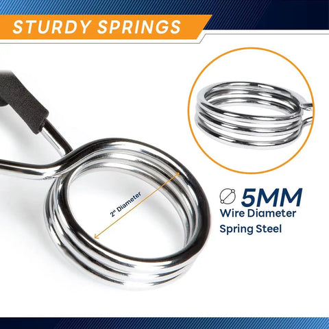 Close-up of Olympic Bar Spring Clip For 2 Inch US Bars Heavy Duty Steel Clamp With Chrome Finish Secure Grip And Quick Release.