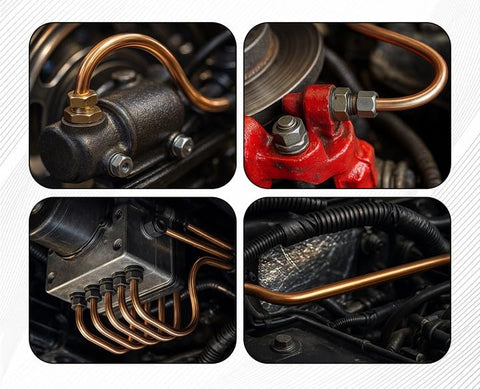 Copper-nickel brake line, 25 ft, 3/16 in (4.75 mm) with fittings, front view.
Copper-nickel brake line with fittings connected to red brake caliper, close-up.
Copper-nickel brake lines emerging from a distribution block; multiple lines visible.
Copper-nickel brake line routing through engine bay among hoses and wiring.