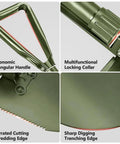 Foldable Camping Shovel 18.5 Inch Portable Ergonomic High Carbon Steel Digging Shovel For Outdoor Camping Hiking Garden All Purpose Tool Green Silver Must Have Gear, features include ergonomic handle, locking collar, serrated shredding edge, and sharp trenching edge.