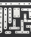 Heavy Duty Stainless Steel Corner Brackets 10 Pack L And T Shape Flat Bed Frame Repair Fasteners For Furniture Cabinet Shelf Mounting Indoors Outdoors Deadset Tough Making Repairs No Sweat For Your Next Project - assortment of L and T shaped brackets with pre-drilled holes.