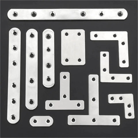 Heavy Duty Stainless Steel Corner Brackets 10 Pack L And T Shape Flat Bed Frame Repair Fasteners For Furniture Cabinet Shelf Mounting Indoors Outdoors Deadset Tough Making Repairs No Sweat For Your Next Project - assortment of L and T shaped brackets with pre-drilled holes.