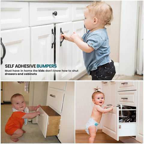 Children interacting with cabinets equipped with 200 Pack Cabinet Bumpers With Soft Close No Slam Self Adhesive Rubber Pads.
