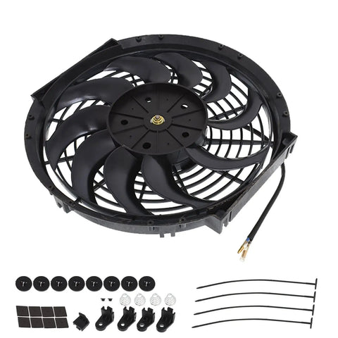 2x 12 Inch Universal Electric Condenser Radiator Cooling Fan High Performance Motor 2250 Rpm 1730 Cfm Heavy Duty Blower with installation accessories.