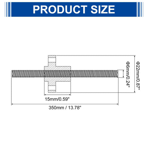 Technical diagram of Two Pack 350mm Tr6x1 Lead Screws With Brass Nut For 3D Printer Upgrade, showing dimensions and measurements.