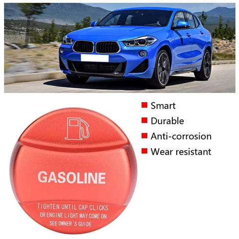 Image of a Universal Aluminum Gas Cap For BMW 1 2 3 4 5 7 Series F10 F15 F16 F25 F26 F30 F34 F35 F48 G30 X1 X2 X3 X4 X5 X6 Red Finish Durable Easy Install Fuel Tank Cover For Quick Refill with a red gasoline warning instruction next to a blue BMW driving in the background.