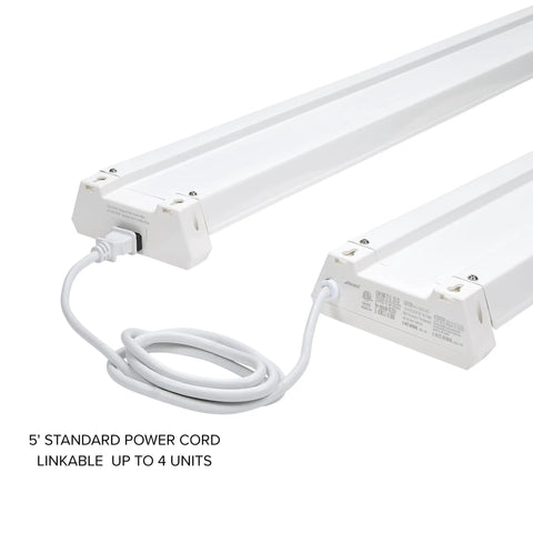 2 Ft LED Shop Light Fixture for Garage and Workshop, 20W, 2500 Lumens, 5000K Daylight, linkable, showing 5 ft power cord.