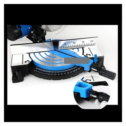 Professional Grade Belt Drive Miter Saw With A Beefy 2600 Watt Motor And 255 Millimeter Blade, showing adjustable angle gauge.