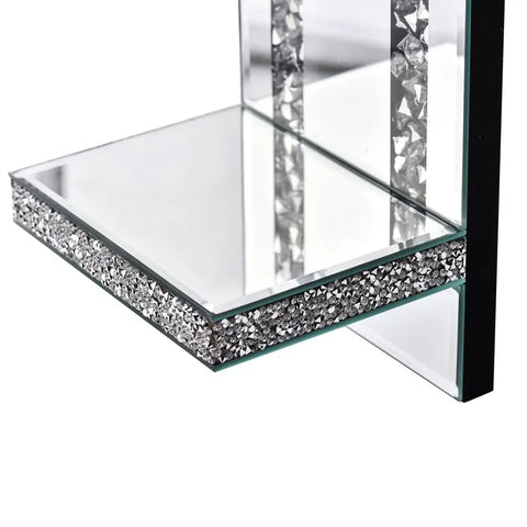 Fresh Beveled Silver Mirror Wall Candle Sconce Holder Set Of Two, crystal shelf detail with sleek mirrored surface.