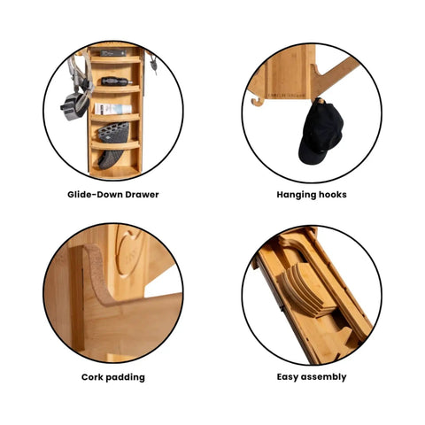 The Sun Rack Premium Bamboo Wall Mount For Surfboards Snowboards Skis And Wakeboards Holds Four Boards With Built In Drawer And Hooks