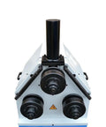 Hardcore Hydraulic Roll Bender Built Like A Tank For Precision Metal Fabrication And Heavy Pipe Rolling With 3HP Motor 220V Three Phase Power For Daily Shop Grind front view showcasing rollers and pipe mount