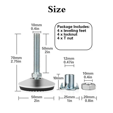 Heavy Duty Swivel Adjustable Leveling Feet With T Nut Bolt Rock Solid Screw On Furniture Leveler For Cabinet Table Workbench Chair Plug And Play Assembly 4 Pack 50Mm Thread Base size chart with measurements