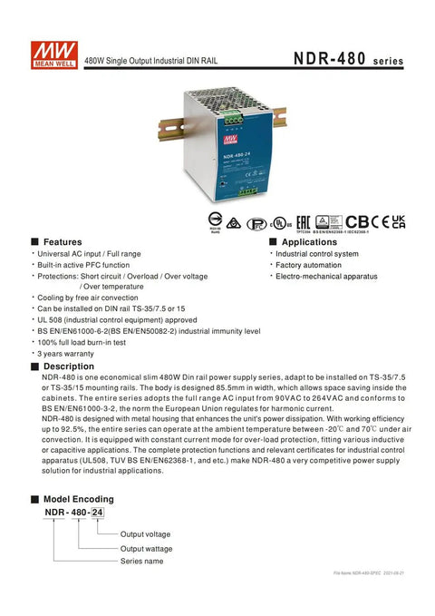 12 Pack Switch Mode DIN Rail Power Supply 480W 90 To 264V AC Input Slim Budget Friendly Tough Space Saving Panel Friendly Mount TS 35/7.5 Or 15 Rails 480-24 front view