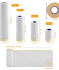 Various sizes of Pro Grade Pre-Taped Masking Film And Tape For Auto Painting And DIY Projects Heavy Duty displayed vertically and horizontally.