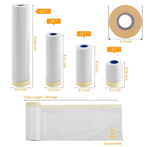 Various sizes of Pro Grade Pre-Taped Masking Film And Tape For Auto Painting And DIY Projects Heavy Duty displayed vertically and horizontally.