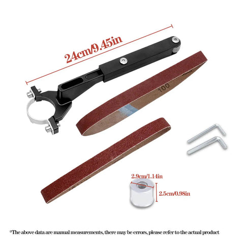 Knockout Belt Sander Attachment For Angle Grinder, Bandfile Conversion Kit with 9.45-inch steel arm and grit belts.