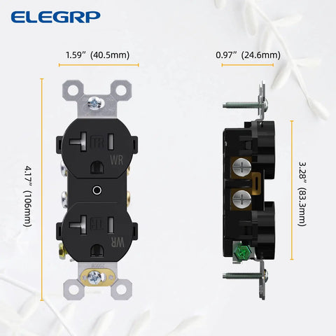 Front and side view of 20 Amp 125V Duplex Receptacle With Tamper Resistant And Weather Resistant Design, Glossy Black Finish
