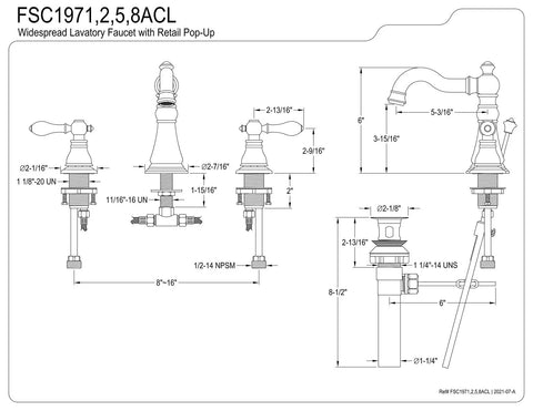 Technical drawing of American Classic Widespread Bathroom Faucet in Oil Rubbed Bronze with 8 to 16 inch deck mount installation.