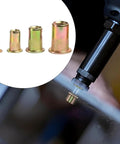 Must Have 100 Piece Metric Rivnut Nutsert Set Flat Head Rivet Nuts In 3mm And 4mm, 5mm And 6mm, 8mm And 10mm, Plus 12mm, Carbon Steel, Blind Insert Nuts, Heavy Duty Fastening Kit For Metalworking And DIY Projects. Metric rivnuts in 3-12 mm with setting tool
